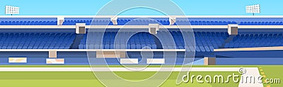 Empty soccer stadium with green lawn and blue tribunes Vector Illustration