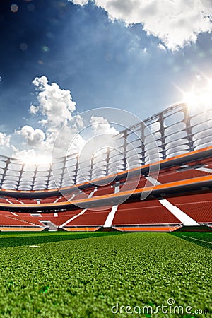 Empty soccer stadium in sunlight Stock Photo