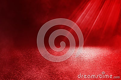 Empty space asphalt street with white smoke and lighting red effect in dark light. Stock Photo