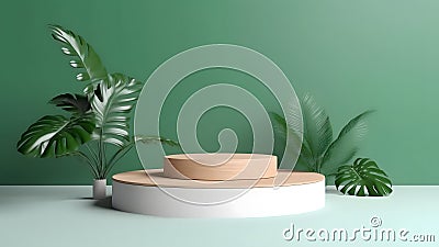 Empty space beige podium for product placement with matte green wall and several plants near, neural network generated Stock Photo