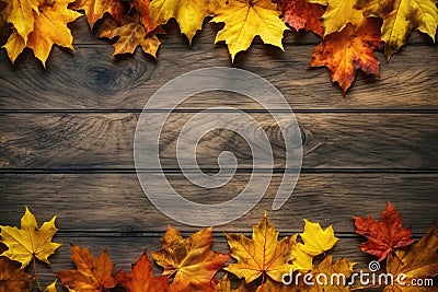 Empty Space Of Wooden Surface With Autumn Leaves, Top View. Autumn Frame. Generative AI Stock Photo