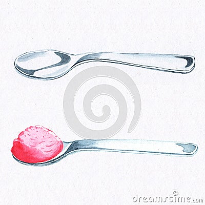 Empty spoon and spoon with pink ice-cream. Spoon watercolor painting on white background. Cartoon Illustration