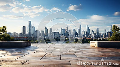 Empty square floor and city skyline with building background. Generative AI Stock Photo