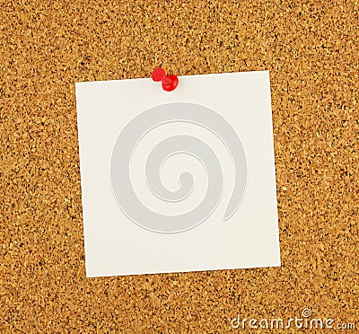 Empty square sheet stick-notes paper of white paper for your text, cork brown board as background. Red button has used. Stock Photo