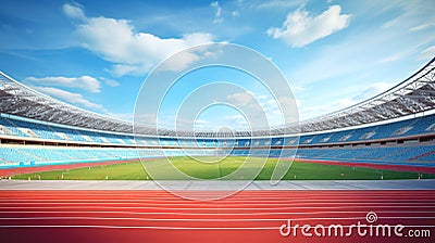 Empty Stadium During the Day with Clear Blue Sky. Red Running Track for Athletics. AI Generative Stock Photo