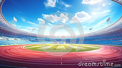 Empty Stadium During the Day with Clear Blue Sky. Red Running Track for Athletics. AI Generative Stock Photo