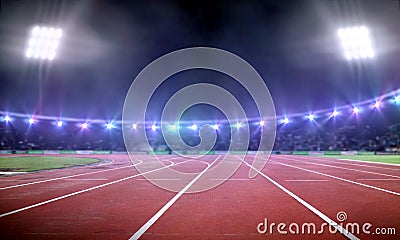 Empty stadium with running track at night Cartoon Illustration