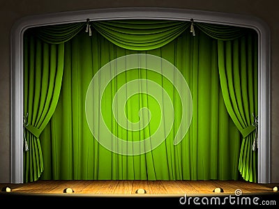 Empty stage with green curtain Stock Photo