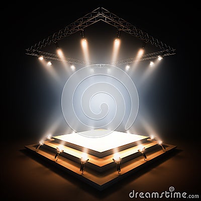 Empty stage illuminated by spotlights. Cartoon Illustration