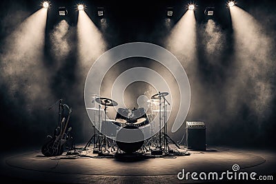 empty stage with lighting, a drum set, a guitar, and mics Stock Photo