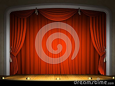 Empty stage with red curtain Stock Photo