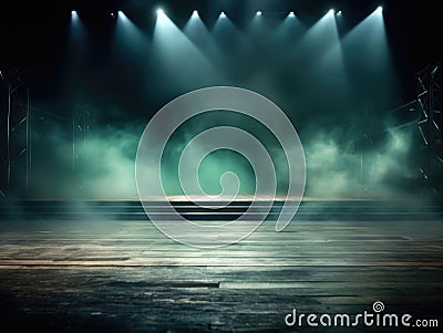 Empty stage with a spotlight with fog clouds, photorealistic, green spots Stock Photo