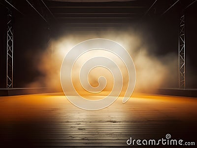 Empty stage with a spotlight with fog clouds, photorealistic, orange light Stock Photo