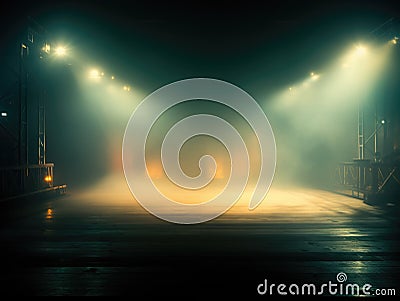 Empty stage with a spotlight with fog clouds, photorealistic, orange green light Stock Photo