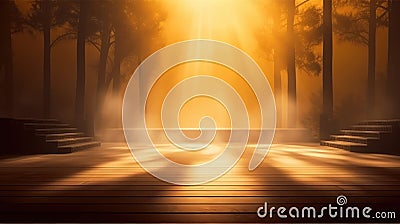 Empty stage with a spotlight with fog clouds, photorealistic, orange light Stock Photo