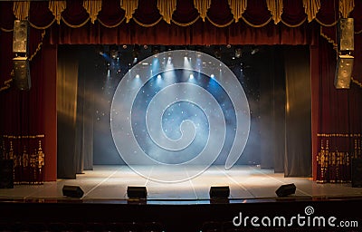 An empty stage of the theater, lit by spotlights and smoke Stock Photo