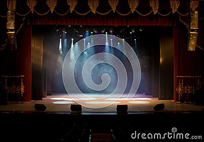 An empty stage of the theater, lit by spotlights and smoke Stock Photo