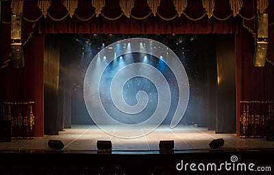 An empty stage of the theater, lit by spotlights and smoke Stock Photo