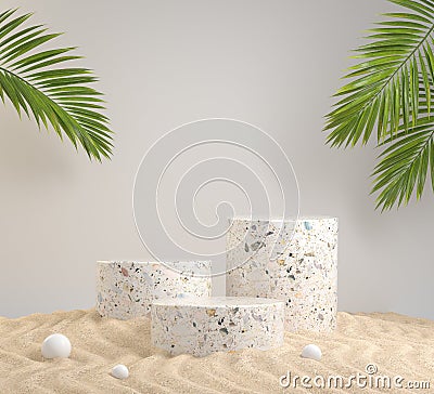 Empty Step Stone Podium On The Wave Sand Beach With Green Palm Leaves Natural Scene Background 3d Render Stock Photo