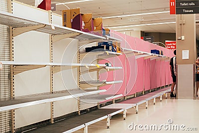 Empty store shelf of toilet paper in supermarket. Quarantine, coronavirus pandemia, covid-19 Editorial Stock Photo