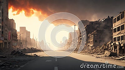 Empty street of burnt up city. Apocalyptic view of city downtown concept Stock Photo