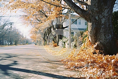 an empty street lined with trees in the fall Stock Photo