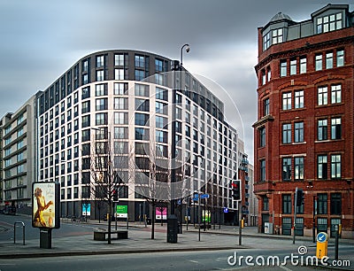 Empty streets in Manchester center in early weekend morning Editorial Stock Photo