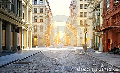 Empty streets and sidewalks of Soho are eerily quiet during the 2020 coronavirus pandemic lockdown in New York City with no people Stock Photo