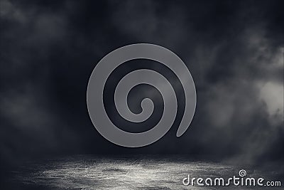 Empty studio dark room with spot lighting and fog in black background. Stock Photo