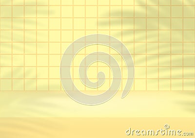 Empty studio yellow tiles background with palm leaves for product display. Showroom shoot render. Vector Illustration