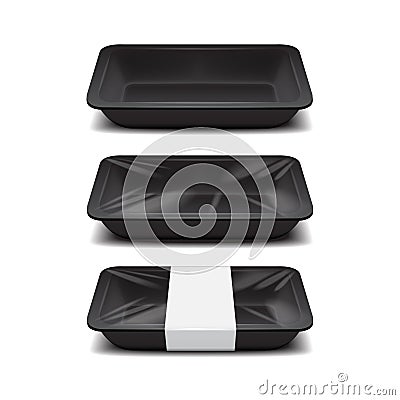 Empty styrofoam food storage. Black food plastic tray, set of foam meal containers with white label Vector Illustration