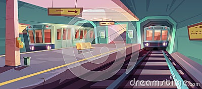 Empty subway platform with arriving trains Vector Illustration