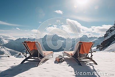 Empty sun loungers on top of a snowy mountain Holidays at a ski resort. Stock Photo