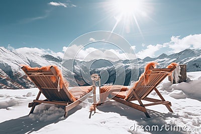 Empty sun loungers on top of a snowy mountain. Holidays at a ski resort. Metaphor of late vacation. Ski resorts Stock Photo