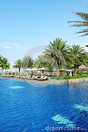 Empty sunbeds by the resort pool Stock Photo