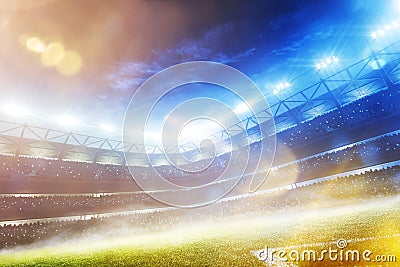 Empty sunset grand soccer arena in the lights 3d render Stock Photo