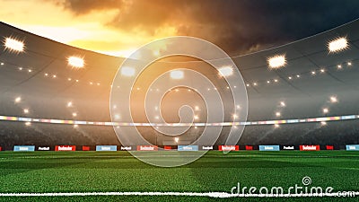 Empty sunset soccer stadium with lights and crowd. Stock Photo