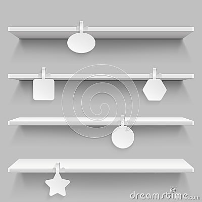 Empty supermarket retail shelves with advertising wobblers vector illustration Vector Illustration