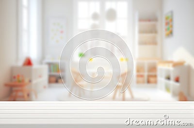 Empty table with blurred children toy shelf and window background Stock Photo