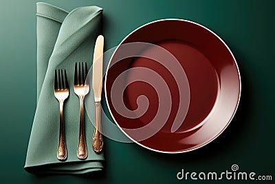 Empty table plate setting on green background. Stock Photo