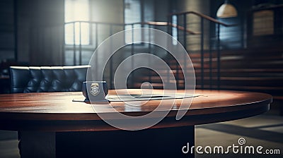 An empty table stands poised, its surface reflecting the silent calls of duty, presence of a blurred Police station Stock Photo