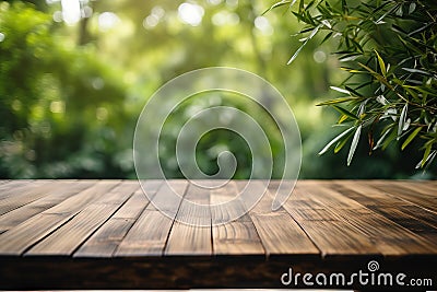 Empty table surface close-up, no objects on the table, blurred bamboo forest in the background Generative AI Stock Photo