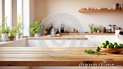 Empty table top and blurred domestic kitchen interior Stock Photo