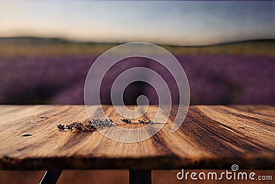 Empty table top and blurred landscape of lavender fields. Mock up for display or montage of product. AI generative illustration Cartoon Illustration