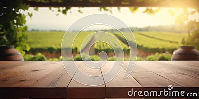 empty table top with out of focus lights and bokeh on vineyard view background.Generative AI Stock Photo