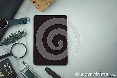 Empty of tablet and many item in vacation season to plan travel in holiday Stock Photo