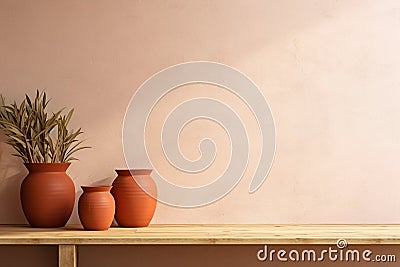 Empty tabletop with clay terracotta tableware and copy space. Kitchen minimalist interior with wood table. Beige empty wall Stock Photo