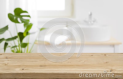 Empty tabletop for product display with blurred bathroom interior background Stock Photo