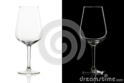 Empty tall wine glasses on black and white background Stock Photo