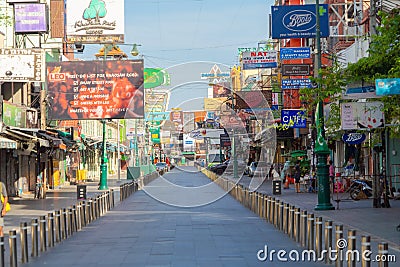 Empty temporarily close of Khaosan Road in Covid-19 pandemic lockdown. Famous tourist attraction street. Bangkok Urban City, Editorial Stock Photo